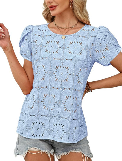 OFEEFAN Blouses for Women Dressy Casual Petal Short Sleeve Shirts Crochet Lace Boho Tops Spring Fashion Summer Outfits