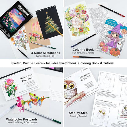 KALOUR 140 Drawing Set Sketching Kit,Art Supplies with 3-color Sketchbook & Coloring Paper,Include Tutorial, Colored, Graphite, Charcoal, Watercolor & Metallic Pencil,for Artists Adults Teens Beginner