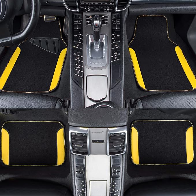 CAR PASS Waterproof Universal Fit Car Floor Mats, Car Mats Fit for SUV,Vans,sedans, Trucks,Set of 4pcs Car Carpet with Driver Heel Pad (Black and Yellow)