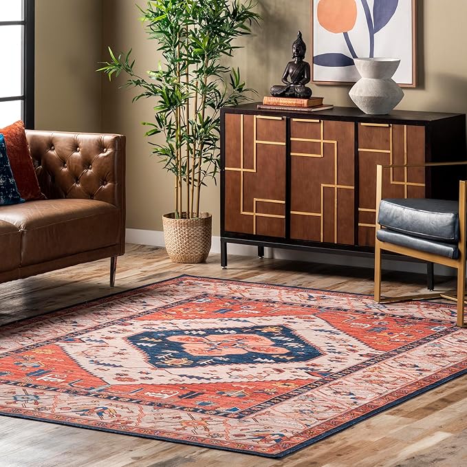 nuLOOM Carolyn Machine Washable Tribal Motif Ultra Thin Area Rug, 8' x 10', Rust
