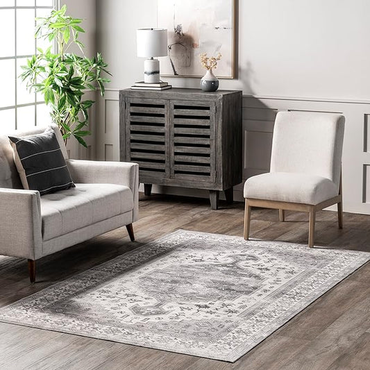 nuLOOM Medallion Bordered Machine Washable Ultra Thin Accent Rug, 3' x 5', Beige