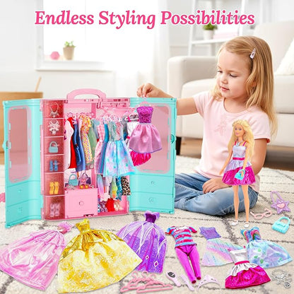 Style Shine 70 Pcs Doll Closet with Clothes & Accessories Set,2 Wedding Gowns 6 Fashion Dresses 2 Casual Outfits 2 Swimsuit 10 Shoes 20 Hanger 27 Accessories,Dress up Toys for Girls Kids Gift