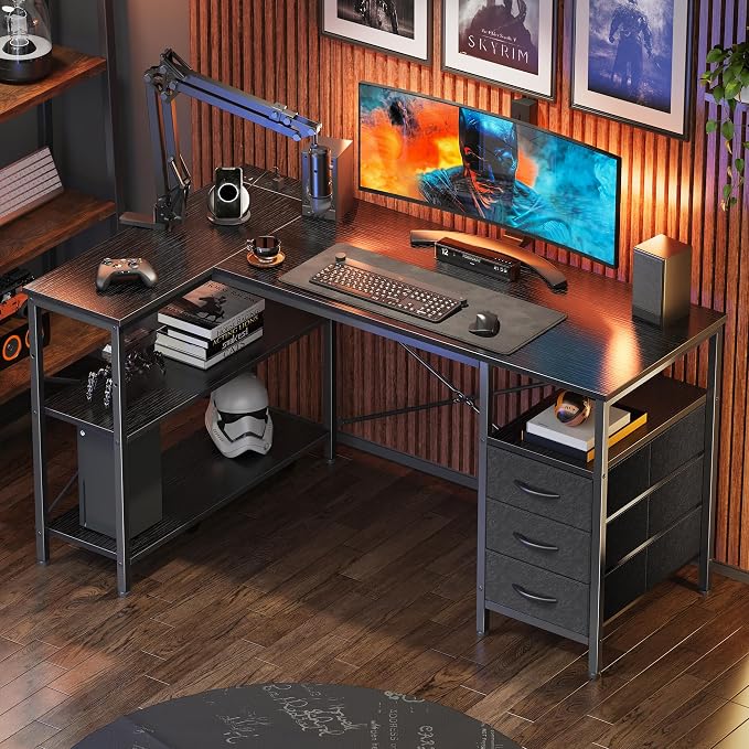 Huuger L Shaped Office Desk with Power Outlets, 47 Inch Computer Desk with 3 Drawers, Shelves, for Gaming, Corner Work, Home Office, Study, Black