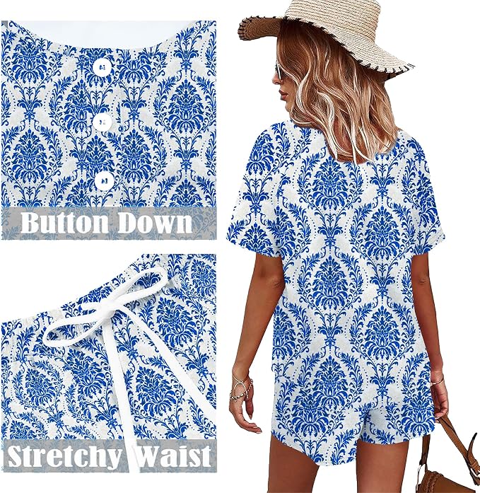 WIHOLL Two Piece Outfits for Women Lounge Sets Button Down Top and Shorts Set Sweatsuits with Pockets