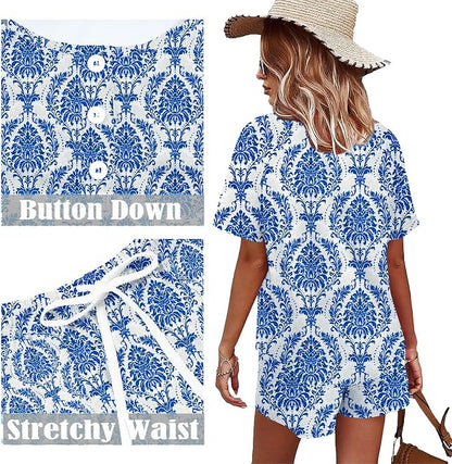 WIHOLL Two Piece Outfits for Women Lounge Sets Button Down Top and Shorts Set Sweatsuits with Pockets