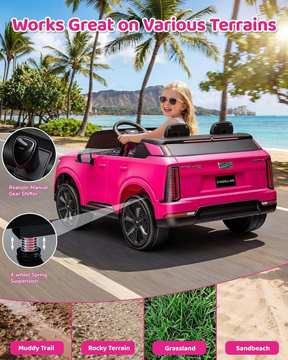Firstness 2 Seater Ride on Car for Kids 24V Licensed Cadillac Escalade IQ Powered Wheels with Remote Control 400W Electric Ride on Toy with 3 Speed Light Music 7AH Battery Car for Kids Ages 3-8, Pink