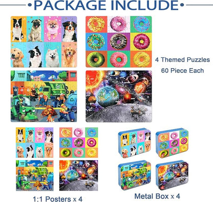 LELEMON Puzzles for Kids Ages 4-6,4-Pack 60 Piece Puzzles for Kids Ages 4-8 in a Metal Box,Donut Dogs Space Garbage Truck Educational Jigsaw Puzzles Puzzle Games Puzzle Toys for Girls and Boys