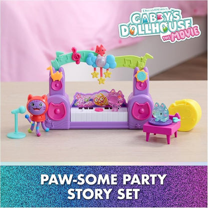 DreamWorks GABBY'S Dollhouse The Movie, Paw-Some Party Story Set with DJ Catnip, 2 Eraser Cat Toy Figures & Accessories, Kids Toys for Girls & Boys Ages 3 and Up