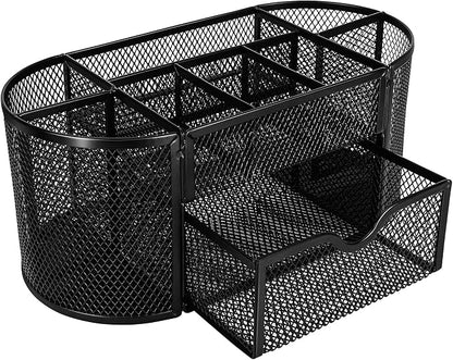 Amazon Basics Mesh Desk Organizer with Pen Holder, Pullout Drawer and Office Caddy Storage, 9.25" x 4.53" x 3.94", Black