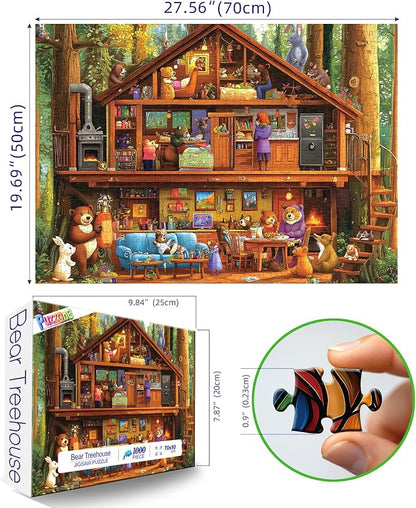 Animal Characters Jigsaw Puzzle, 1000 Pieces Puzzles for Adults, Bear Treehouse Forest Multicolor for Family Fun Decoration, Gifts, Party Toy, Finished Size 27.5" x 19.7"