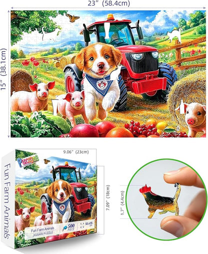 Farm Animals 500 Piece Puzzle for Adults Countryside Scenery with Cute Piglets,Red Tractor Fun Jigsaw Puzzles with Letters on Back for Seniors Challenging Adult Puzzle for Home Decor & Gift