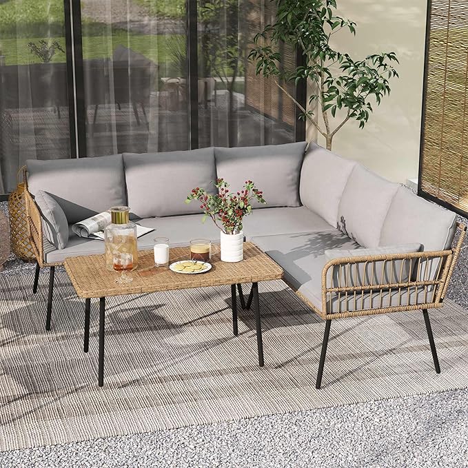 DWVO 4-Piece Outdoor Sectional Sofa Set, All-Weather Wicker L-Shaped 5-Seater Patio Furniture with Removable Cushions & Side Table, Boho Conversation Set for Backyard, Porch, Deck (Grey)