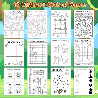 24Pcs Travel Camping Activity Books - Happy Camper Mini Fun Games Coloring Book Bulk Party Favors Goodie Bags Stuffers for Birthday Classroom School Students Rewards Supplies