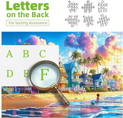 Colorful Beach Houses 500 Piece Jigsaw Puzzles for Adults Tropical Coastal Scene with Palm Trees Sunset Ocean Waves Puzzle with Letters on Back for Adults Teens Seniors Family Puzzle(23"x15")