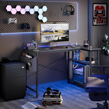 TIQLAB L Shaped Computer Desk with Power Outlets, 55 Inch Small Corner Desk with Reversible Shelves, Gaming Desk Computer Table Study Writing Table for Home Office Bedroom Small Space, Black