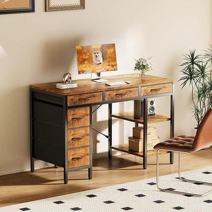 Sweetcrispy 47" Computer Desk with 6 Fabric Drawers & Storage Shelves | Reversible Gaming Desk, Office Desk, Computer Workstation, Corner Desk with Storag, Home Office, Living Room, Rustic Brown