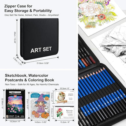 KALOUR 140 Drawing Set Sketching Kit,Art Supplies with 3-color Sketchbook & Coloring Paper,Include Tutorial, Colored, Graphite, Charcoal, Watercolor & Metallic Pencil,for Artists Adults Teens Beginner