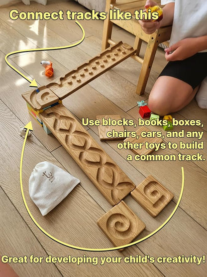Wooden Marble Run Track Set of 2 Wind+Rocks Race Machine Set Wooden Maze Board Ball Run Montessori STEM Toy Gift for Kids Wave Course Winding Roller Track Game (Rocks+Whirlpol)