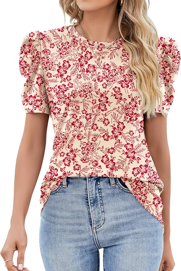 Ivicoer Puff Short Sleeve Shirt for Women Eyelet Tops Summer Crewneck Blouse Loose Fit S-XXL