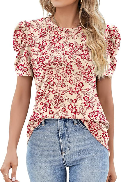 Ivicoer Puff Short Sleeve Shirt for Women Eyelet Tops Summer Crewneck Blouse Loose Fit S-XXL