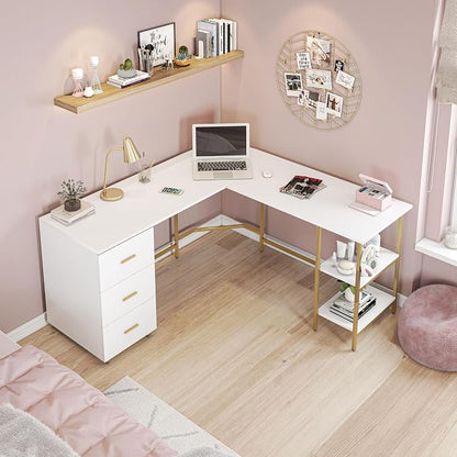 Techni Mobili 59" Two-Tone L‑Shaped Office Desk with Storage Shelves, Gold | 59" two‑tone L‑shaped desk with storage shelves, durable frame, modern corner workstation, spacious home office writing space