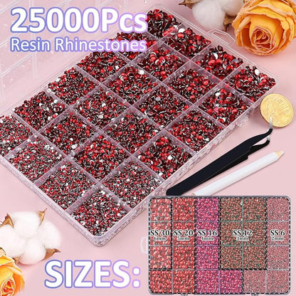 25000Pcs Resin Rhinestones for Crafting, Red 2-6mm Mixed Sizes Non Hotfix Flatback Gems with 1Pcs Glue, Bedazzling Crystal for DIY Craft Clothing Mugs Tumblers Shoes Fabric Decor Nail Art