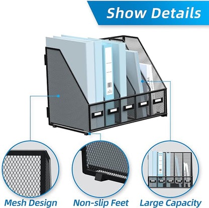 SUPEASY Desk Organizers Metal Desk Magazine File Holder with 5 Vertical Compartments Rack File Organizer for Office Desktop, Classroom, Home Workspace, Black