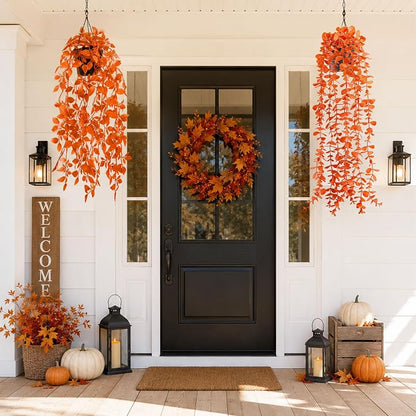 Der Rose 2Pcs Fake Fall Hanging Plants for Home Bathroom Wall Outdoor | Orange artificial hanging plants for autumn decor accents, fall bathroom and kitchen decor, porch, patio and covered decor