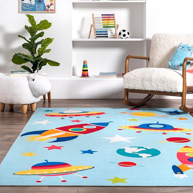 nuLOOM Eddie Outer Space Machine Washable Kids Ultra Thin Area Rug, 7' x 9', Light Blue Multi