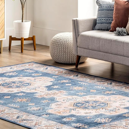 nuLOOM Norma Machine Washable Traditional Medallion Ultra Thin Runner Rug, 2' 6" x 8', Blue