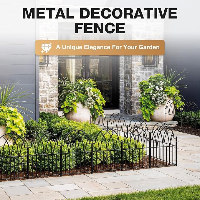 24in(H) x 10.56ft(L) Garden Fence - No Dig Metal Fence Animal Barrier Arched Wire Border Panels with Ground Stakes for Dogs Flower Beds Yard Patio Outdoor Decor