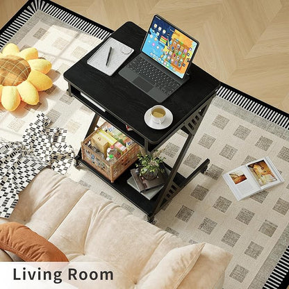 ALISENED Computer Desk for Small Spaces Compact Desk with Keyboard Tray | 23.6" Z-Shaped, with Wheels and Bottom Shelves, for Home Office, Computer Cart Mobile Laptop Cart, Black