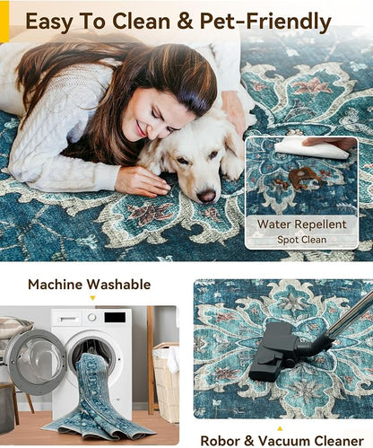 RELEANY Area Rugs Large 10'x12' Washable Non-Slip, Floral Vintage Distress Medallion Carpet for Living Room Bedroom Dining Room, Teal Green Lake Blue Turquoise