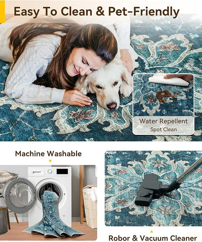 RELEANY Area Rugs Runner 2'6"x14' Washable Non-Slip, Floral Vintage Distress Medallion Carpet for Kitchen Hallway Bedroom Beside Laundry Room Bathroom, Teal Green Lake Blue Turquoise