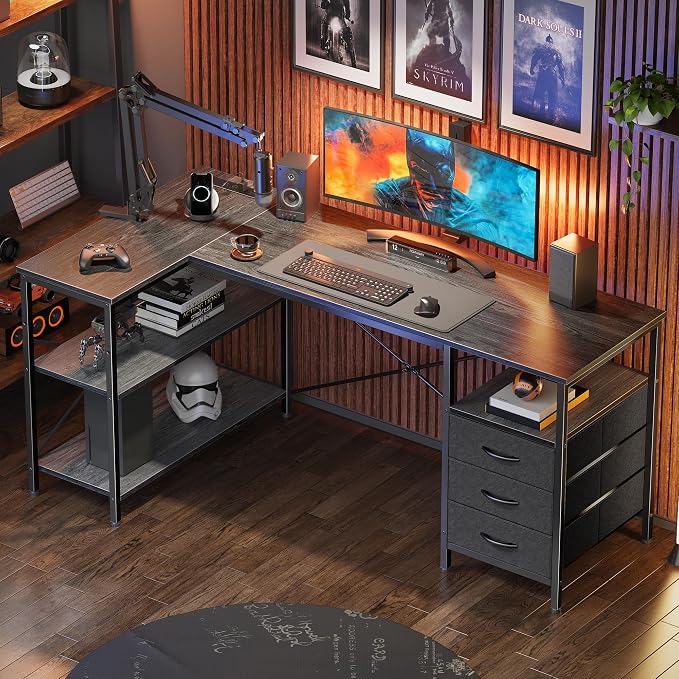 Huuger L Shaped Office Desk with Power Outlets, 55 Inch Computer Desk with 3 Drawers, Shelves, Reverisble for Gaming Corner Work Home Office Study, Grey