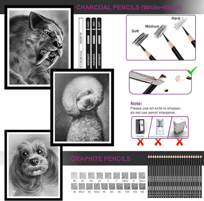 HIFORNY 58 PCS Drawing Kit Sketching Pencil Set,Sketch Pencils Art Supplies with 3-Color Sketchbook,Graphite,Charcoal,Blending Tools,Drawing Pencils for Adults Artists
