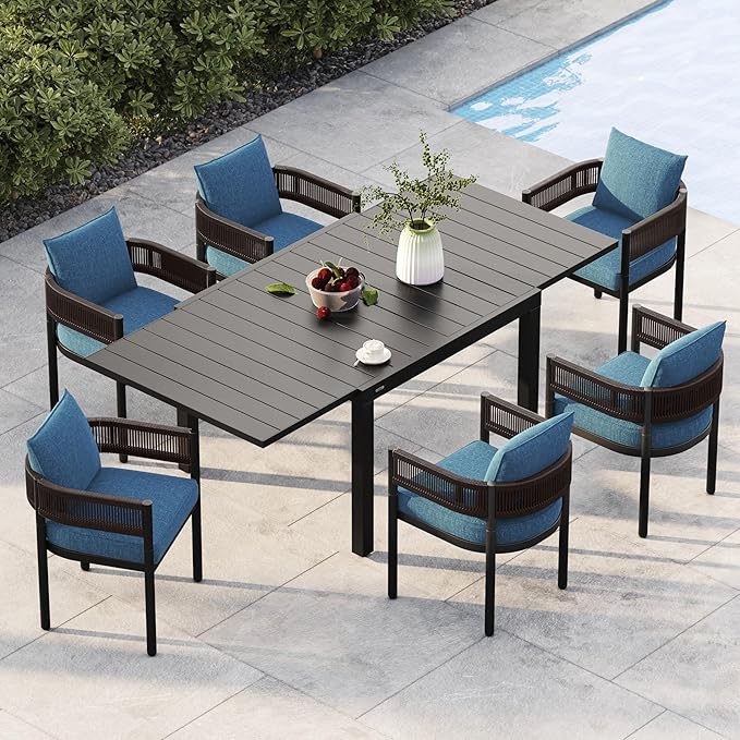 Grand patio 7-Piece Outdoor Dining Set for 6 with 1 Rectangle Expandable Table for 4-6 Person, Metal Woven Wicker Fixed Patio Chairs with Thickened Cushions for Yard, Poolside, Deck (Brown)