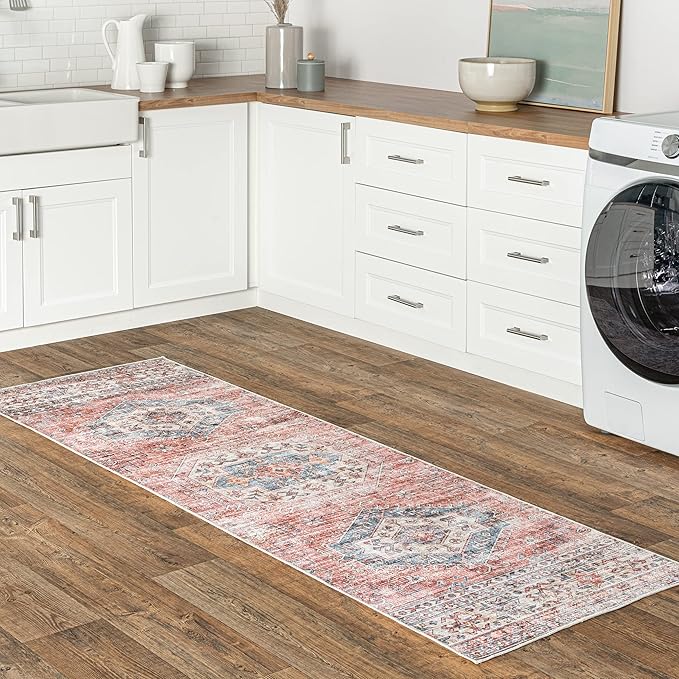 nuLOOM Desna Machine Washable Faded Vintage Ultra Thin Runner Rug, 2' 6" x 10', Peach