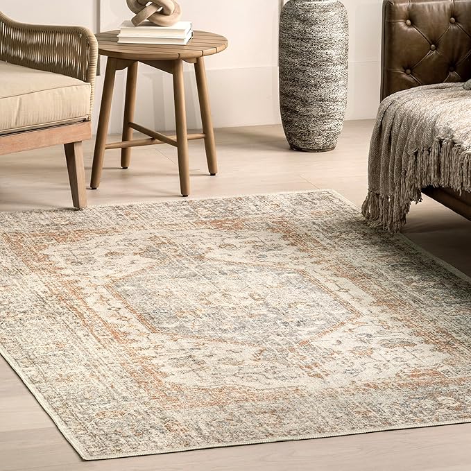 nuLOOM 6x9 Machine Washable Rain Haven Vintage Medallion Area Rug, Light Grey, Traditional Faded Design, Non-Slip Backing, Stain Resistant, For Bedroom, Dining Room, Living Room, Kitchen
