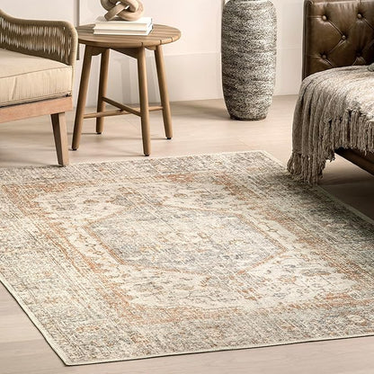 nuLOOM 6x9 Machine Washable Rain Haven Vintage Medallion Area Rug, Light Grey, Traditional Faded Design, Non-Slip Backing, Stain Resistant, For Bedroom, Dining Room, Living Room, Kitchen