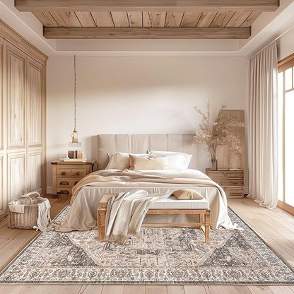 nuLOOM 4x6 Machine Washable Rain Haven Vintage Medallion Area Rug, Brown, Traditional Faded Design, Non-Slip Backing, Stain Resistant, For Bedroom, Dining Room, Living Room, Kitchen