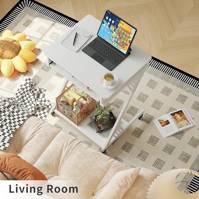 ALISENED Computer Desk for Small Spaces Compact Desk with Keyboard Tray | 23.6" Z-Shaped, with Wheels and Bottom Shelves, for Home Office, Computer Cart Mobile Laptop Cart, White