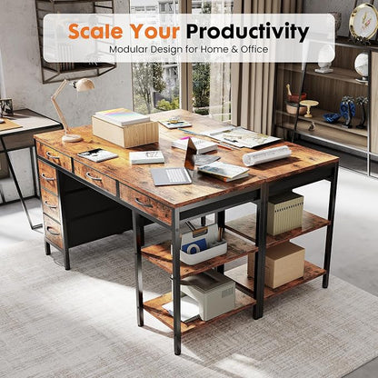 Sweetcrispy 55" Computer Desk with 6 Fabric Drawers & Storage Shelves | Reversible Gaming Desk, Office Desk, Computer Workstation, Corner Desk with Storag, Home Office, Living Room, Rustic Brown
