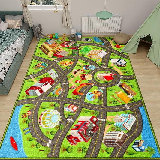 Kids Rugs Traffic Road Carpet for Car City Map Play Rug 3.3'×5' for Playroom Educational Mat Area Rug, Kid Playtime Collection Toddler Car Track Rug Cute Cartoon (City Road B, 39.4×59 in)