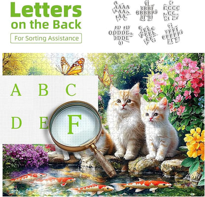 Puzzles for Adults 1000 Pieces, Fun Cats & Koi Fish - Waterfall Scene with Butterflies, Animal Pet Lover Jigsaw Puzzle 1000 Pieces Challenging Perfect for Game Nights (27.5"x19.7")