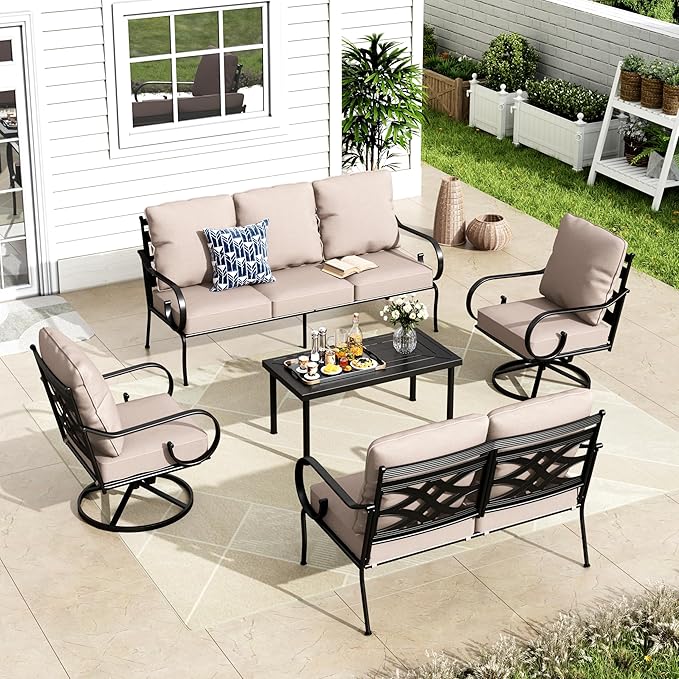 MFSTUDIO 7 Seats Large Metal Patio Conversation Sets, 5 Pieces Outdoor Furniture Sofa with 2 Swivel Chairs, 1 Sofa(3-seat), 1 Loveseat and Table for Outside Balcony Backyard Poolside