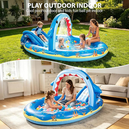 Inflatable Ocean Shark Play Center, Summer Splash Pad Kids Pool with Slide&Sprinkler, Blow Up Toddler Water Pool for Backyard and Garden 96''x59''x39''