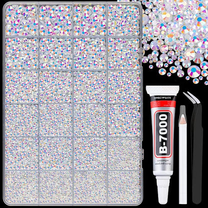 25000Pcs Resin Rhinestones for Crafting, White AB 2-6mm Mixed Sizes Non Hotfix Flatback Gems with 1Pcs Glue, Bedazzling Crystal for DIY Craft Clothing Mugs Tumblers Shoes Fabric Decor Nail Art