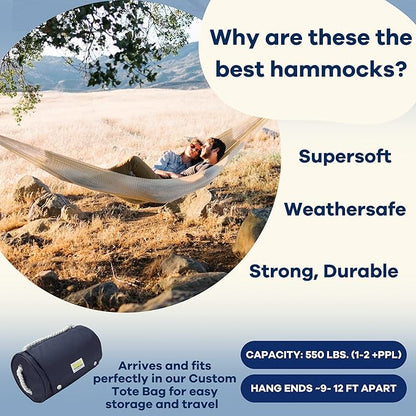 Handwoven Hammock by Yellow Leaf Hammocks - Family Size, Fits 2+ PPL, 550lb max - Weathersafe, Super Strong, Easy to Hang, Ultra Soft, Artisan Made - Color: Natural Khaki