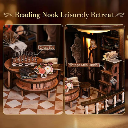POP JOY DIY Book Nook Kit with Motion Sensor LED Light, Miniature Library Bookshelf Insert, 3D Wooden Puzzle Bookend Craft Kit Dollhouse for Adults Teens, Creative Gift for Book Lovers DIY Enthusiasts